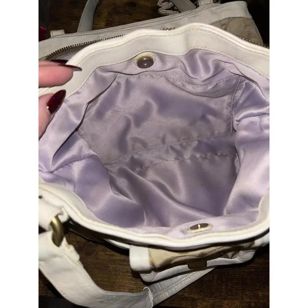 Coach Signature Jacquard Brass Trim Shoulder Bag White/Lavender - Picture 7 of 10